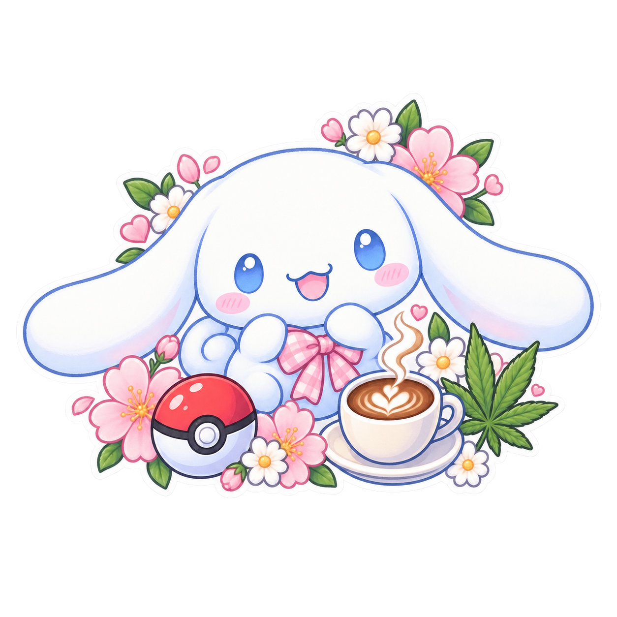 Cinnamoroll surrounded by flowers, a Poké Ball, coffee, and a cannabis leaf